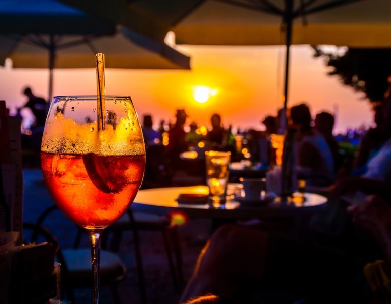 Drink on a tray at sunset