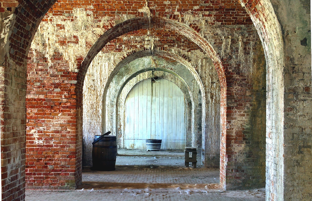 An entrance door to the Fort Morgan State Historic Site