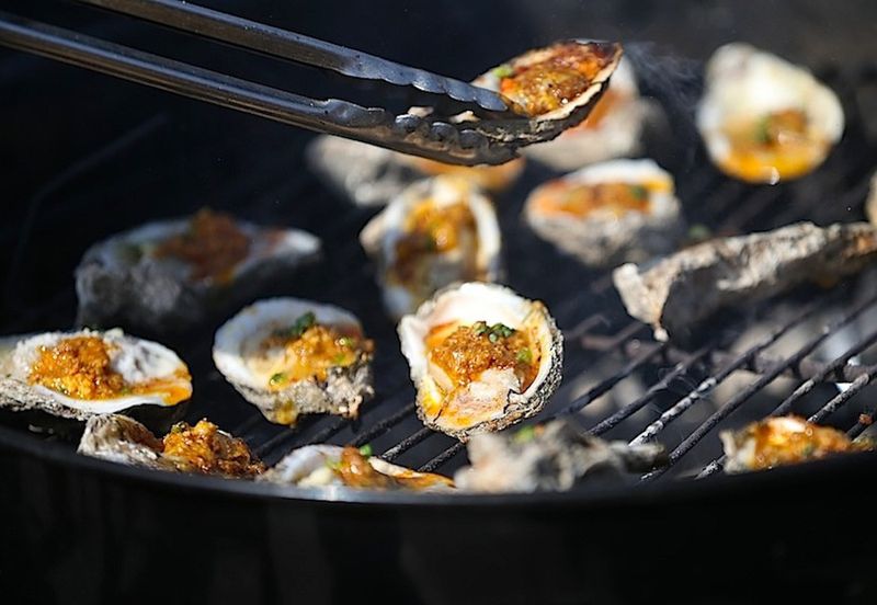 Oysters on grill at Hangout Oyster Cookoff oysters on grill